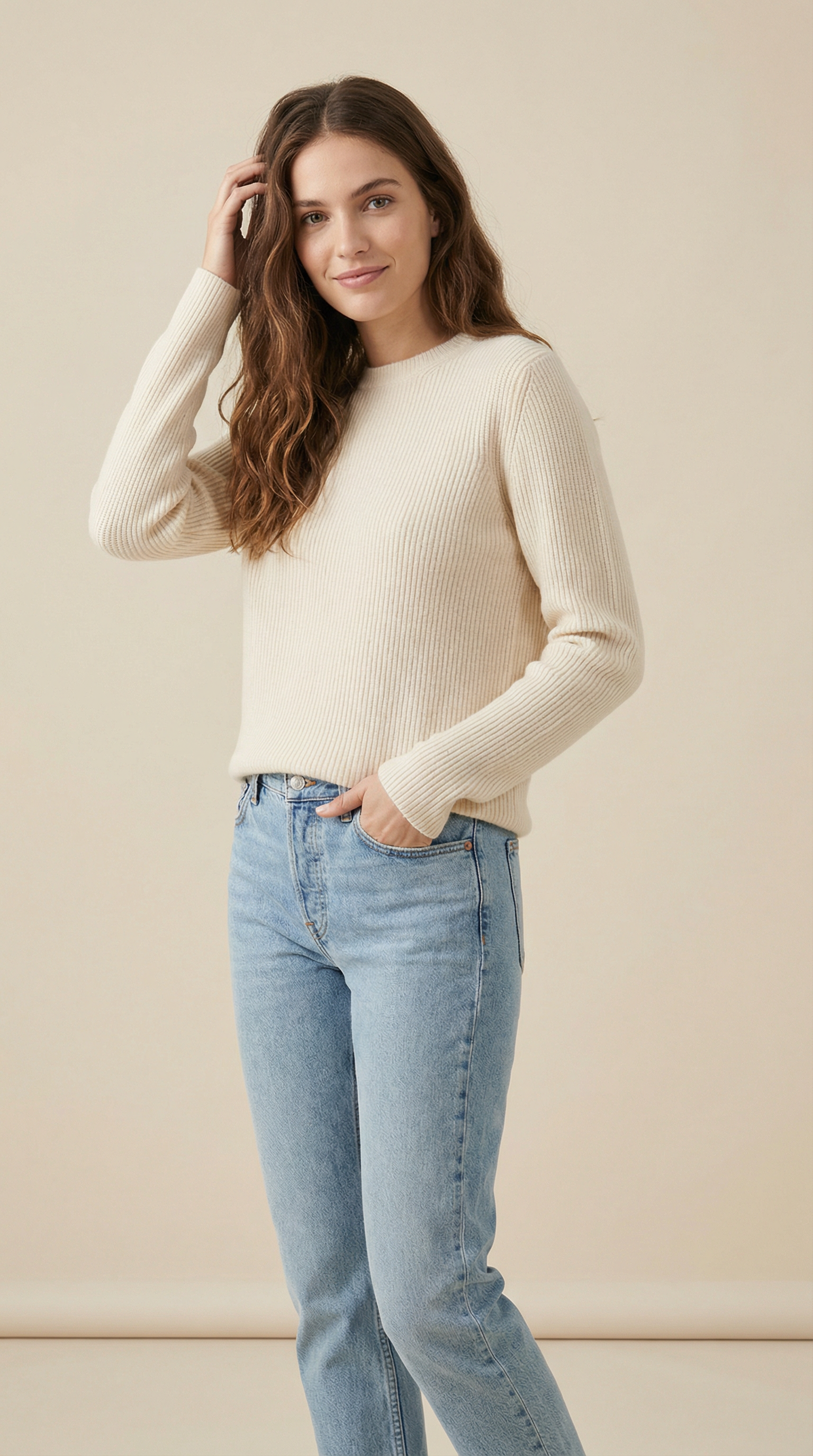 Pull Mérinos Écru - Vue 2