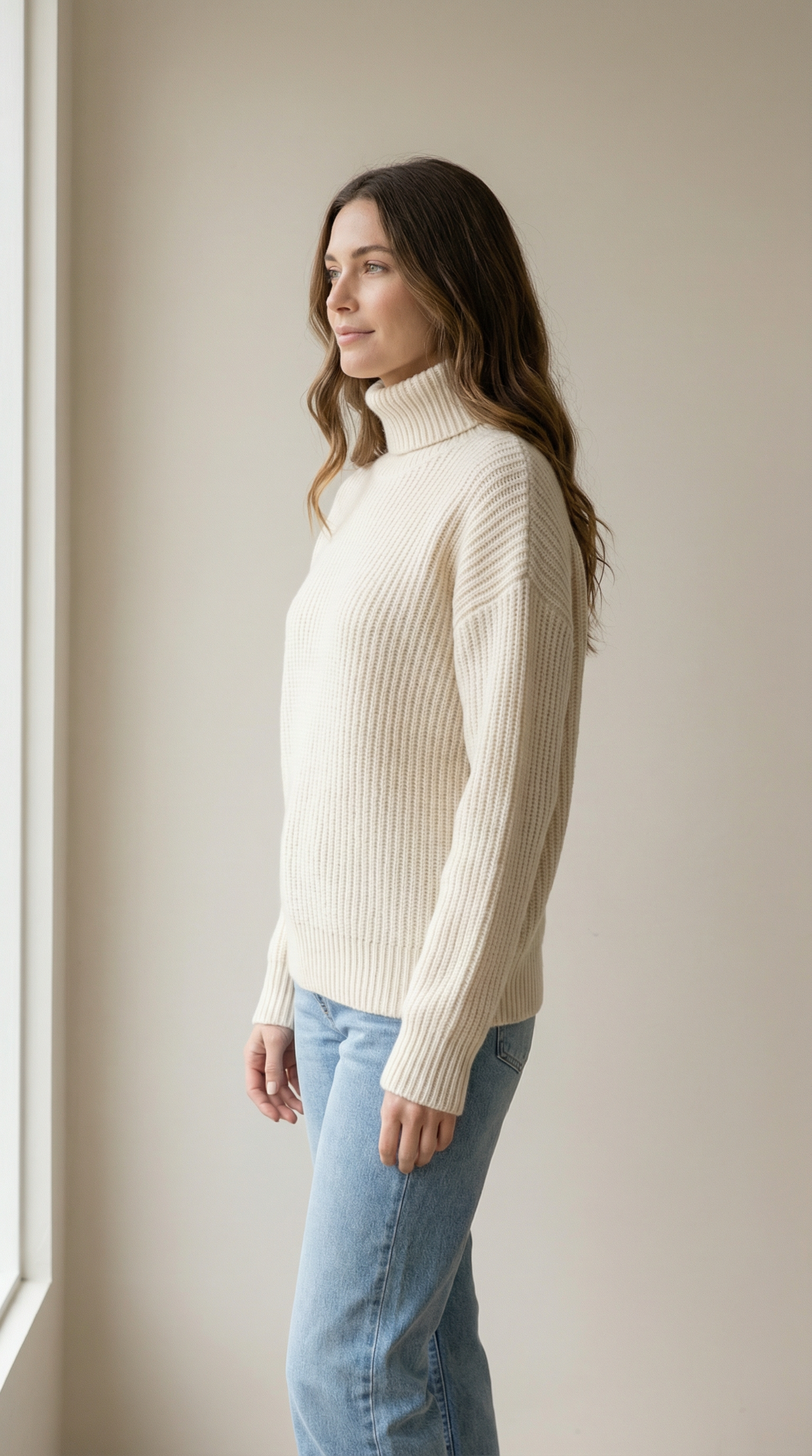 Pull Mérinos Écru - Vue 3